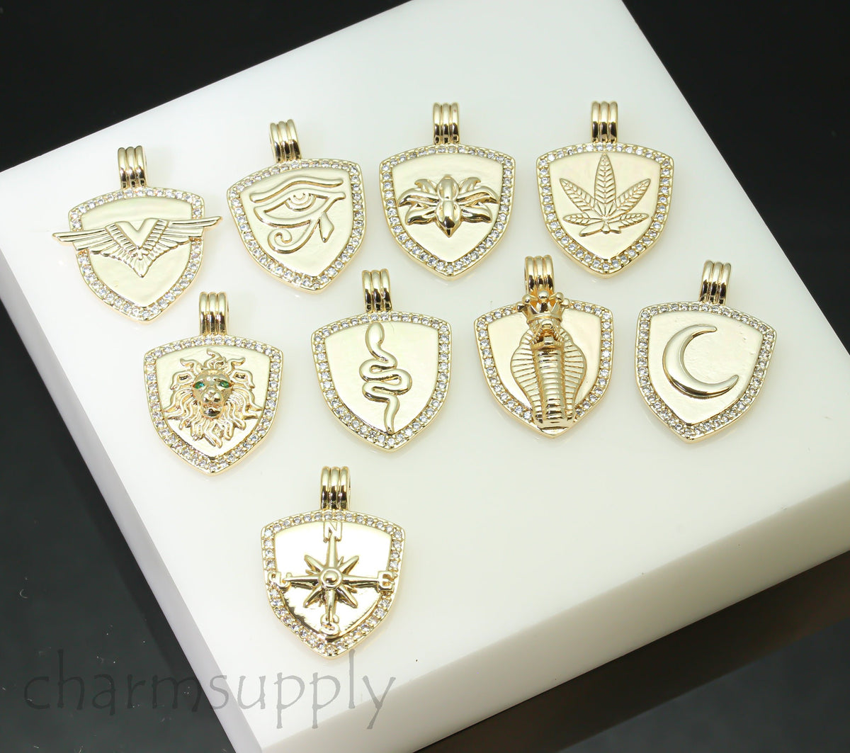 Gold or Silver Shield Pendant,16x23mm, CZ Trimmed, 9 Symbol variations,Protection and lucky shield charm, 1 pc or 10 pcs, WHOLESALE