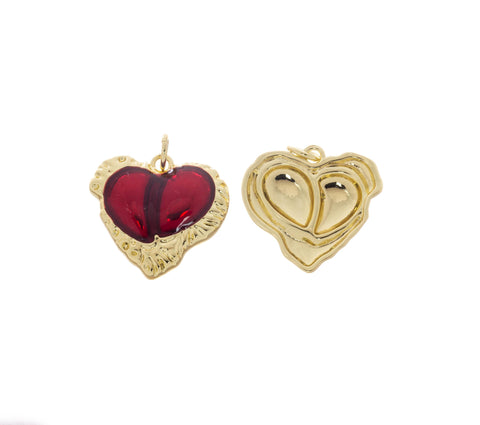 Red Enamel Free Form Textured Heart Charm,Shiny Red Heart Charm For Jewelry Making,Enamel Gold Heart Charm,Hammered Gold Heart Charm,CPG2555