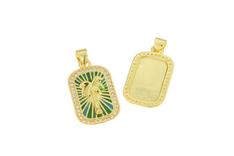 18k Gold Palm tree Pendant, Green Blue Tropical Palm Tree Charm, CZ Stone Detail, Super Sparkly Charm, CPG2513