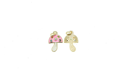 18k Gold Tiny Mushroom Gold Charm, Colorful Micro Pave CZ Stones Enamel Mushroom Pendant, Blue, Pink, Black, or Red, CPG1405