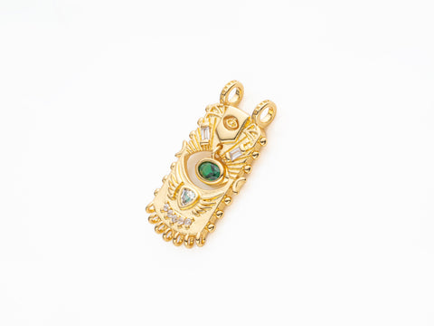 Gold rectangle Evil Eye Pendant, Dangling eye, 2 holes pendant, eye protection cz charm, green cz eye pendant, 28x14mm, CNG013