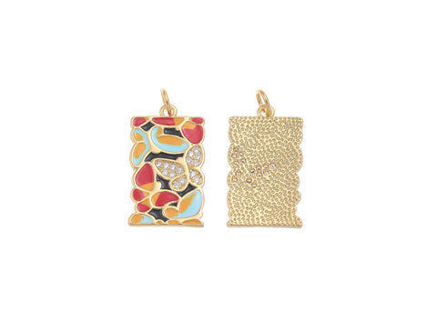 18k Gold CZ Bezel Set Shiny Rectangle Red Butterfly Mosaic Charm, Everyday wear Dainty Charm, Minimalist Jewelry, Artsy, CPG1599