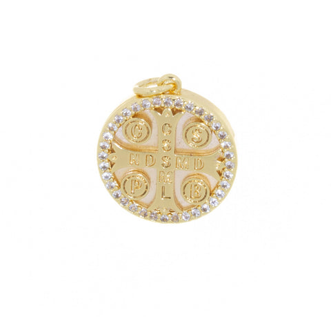 Circle Shape Gold Cross Charm With White Mother Of Pearl,Round Disc MOP Charm With Cross,Dainty Disc Pave MOP Shell Cross Charm,CPG719