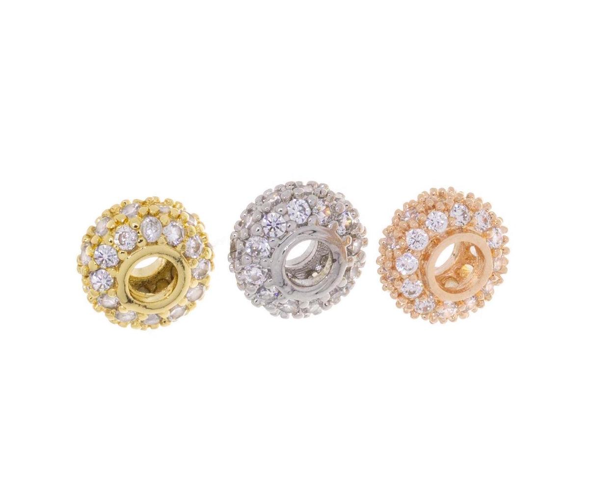 Donut Rondelle Round Tire CZ Spacer In Gold Silver & Rose Gold,Tire Spacer With CZ,Large Hole Spacer Bead For Bracelet Or Necklace ,SPG042