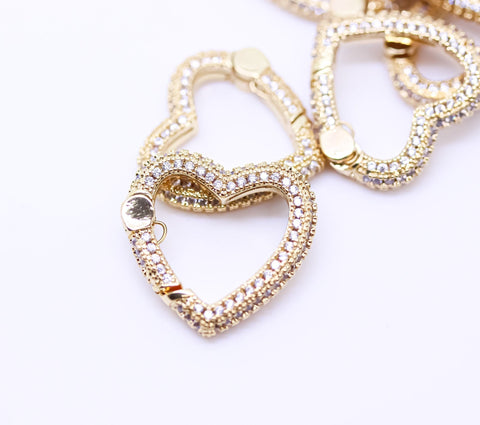 Gold, Silver or Gunmetal Small Full Pave Heart Spring Gate Ring, Double Sided, 20mm, 1 pc or 10 pcs, WHOLESALE