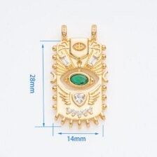 Gold rectangle Evil Eye Pendant, Dangling eye, 2 holes pendant, eye protection cz charm, green cz eye pendant, 28x14mm, CNG013