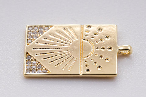 Gold cz sunray rectangle tag, 19x13mm, sunray pendant, Sun Pendant, cz sun pendant, Celestial Jewelry, 1pc or 10pcs, WHOLESALE,CPG375-CPS375