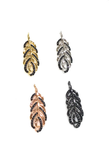Boho feather black cz charm/ pendant