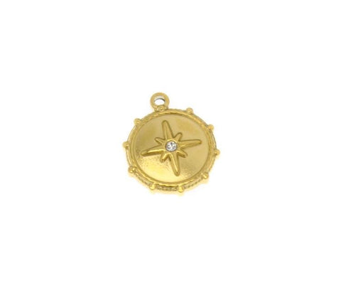 Water Proof, Tarnish Proof Gold CZ Compass, Lucky Charm, CZ Detail, Perfect for Necklace and layering, SSPG012