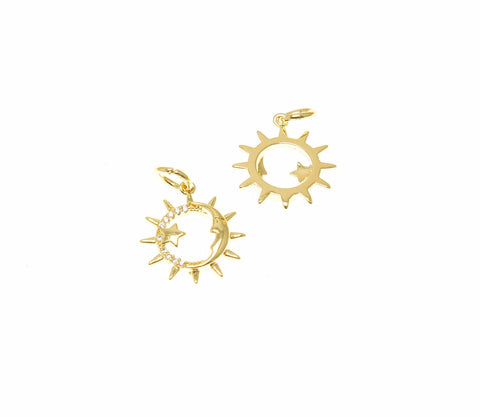 18k Gold Sun and Moon Pendant, CZ Sun and Moon Charm, Gold Pendant, Celestial Pendant, Lover Charm, CPG2346