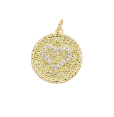 Gold Heart Charm With CZ,Pave Coin Heart Charm,Textured CZ Disc Heart Charm,Round Circle Disc Heart Charm,Heart Charm For Necklace,CPG2540