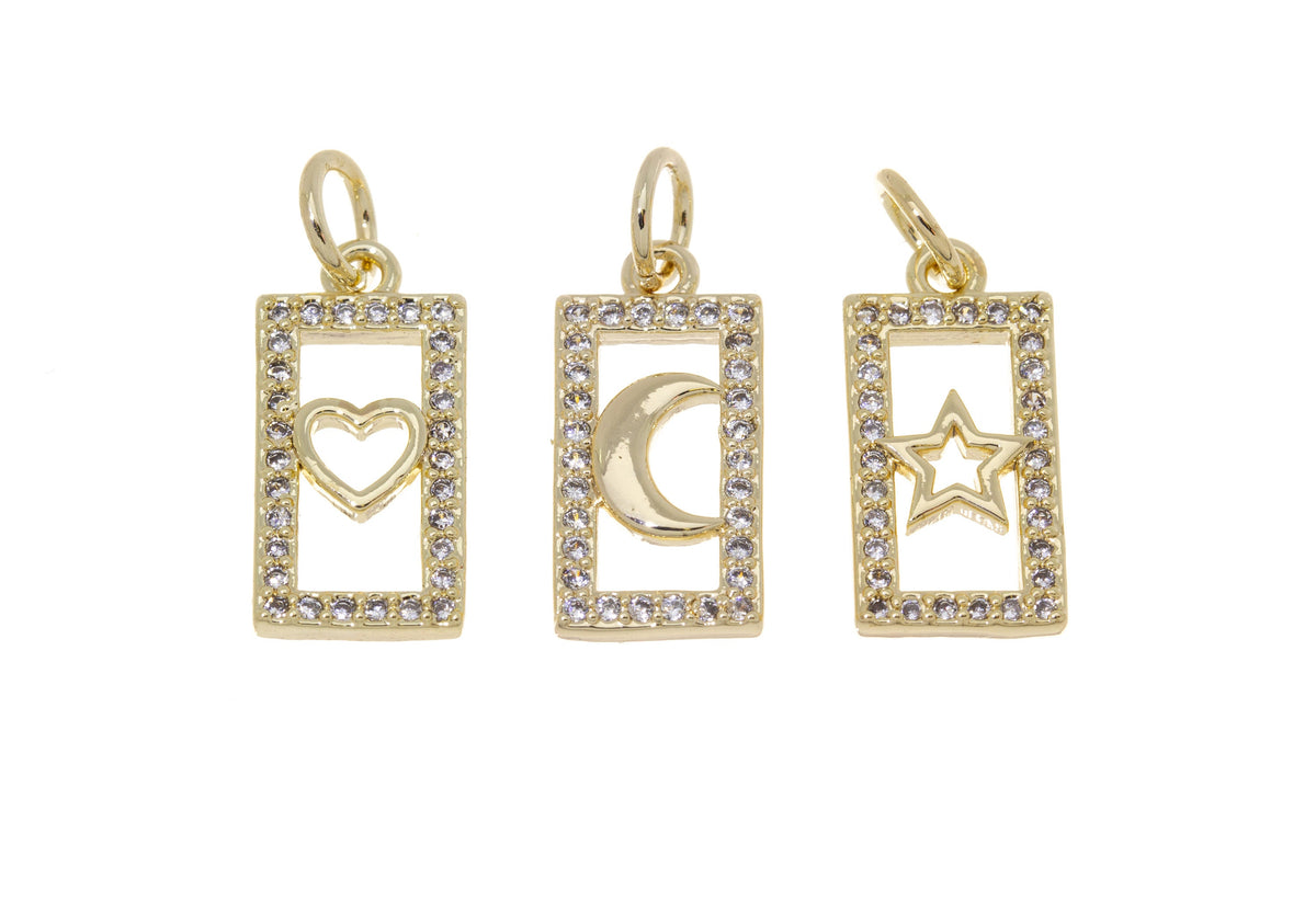 Gold Little Cute Rectangle cz embellished Charms,Heart, Cross, Moon, Star, 12.7x7.5mm, 1 pc or 10 pcs , WHOLESALE,CPG425