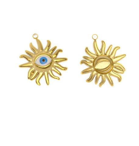 Water Proof, Tarnish Proof Gold Evil Eye Sun, Protection Charm, Perfect for Necklace, SSPG010