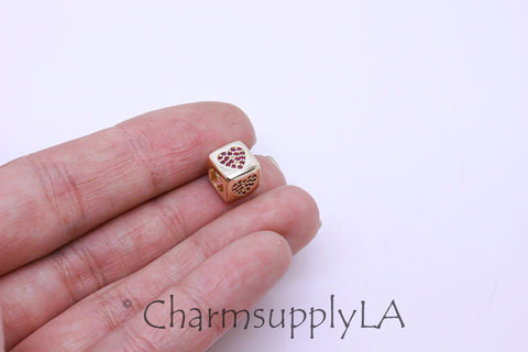 Gold Red heart Gold Dice Bead, Gold Cube with Red Heart, 7.5mm, Gold Red Heart Cube Bead, 1 pc or 10 pcs, WHOLESALE,SPG049