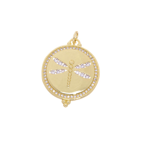 Dragonfly Gold Charm,Disc Dragonfly Pave Charm,Coin Dragonfly Pendant,Dragonfly Charm For Jewelry Making,CPG2437