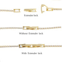 Three horizontal close-up views of a gold-tone chain bracelet with clear stones, showing the extender lock mechanism and labeled text 'Extender lock,' 'Without Extender lock,' and 'With Extender lock' on a white background.