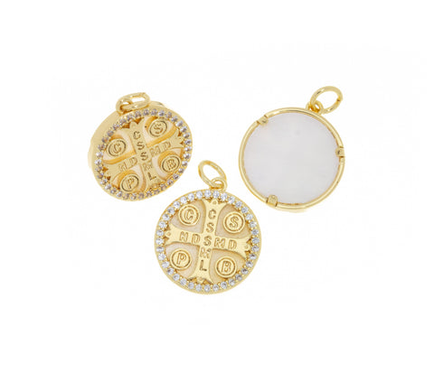 Circle Shape Gold Cross Charm With White Mother Of Pearl,Round Disc MOP Charm With Cross,Dainty Disc Pave MOP Shell Cross Charm,CPG719