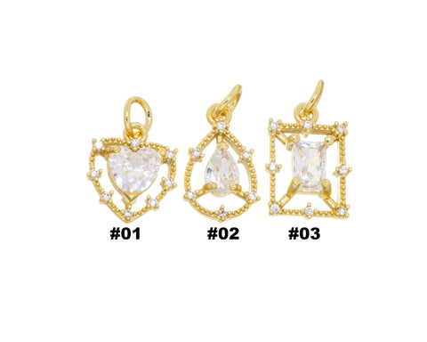 Dainty Gold Charms For Necklace,Heart Charm,Tear Drop Charm,Emerald Cut Charm,Small Necklace Charms With CZ,CPG2492-94-96
