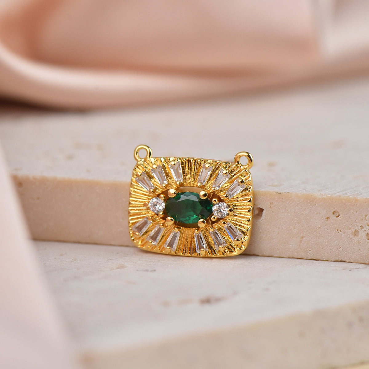 Gold Rectangle Connector Charm With Baguettes And Emerald Green CZ In The Middle,CNG064