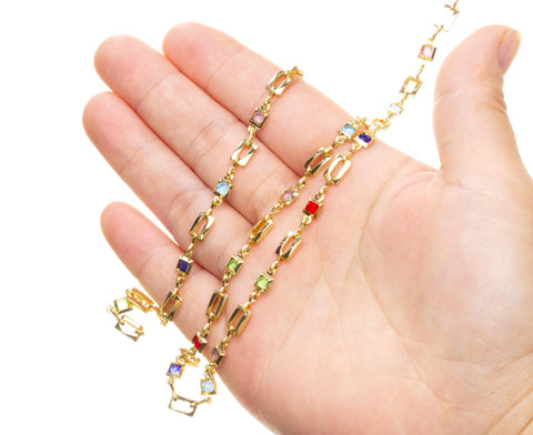 18K Gold Multi Color CZ Bezel Chain,Alternating Bezel Chain With CZ,Rainbow CZ Chain For Jewelry Making,Multi Color Stone Link Chain,CHG118