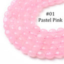 A close-up of pastel pink faceted round beads coiled on a white background, with the text '#01 Pastel Pink' overlaid in the upper right.
