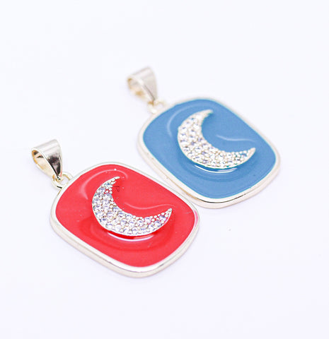 Gold Moon Enamel Tag Pendant, Red, Blue, Black or White, 1 pc or 10 pcs, WHOLESALE