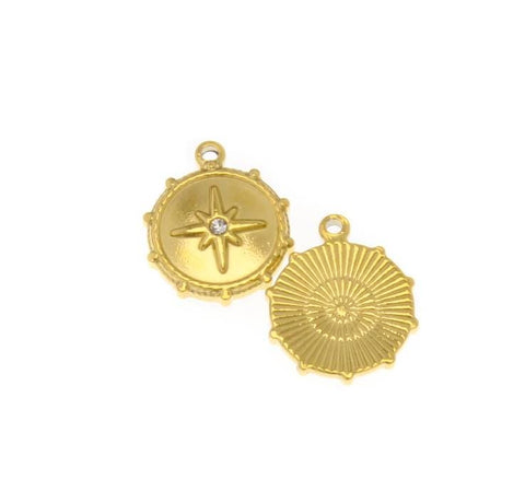 Water Proof, Tarnish Proof Gold CZ Compass, Lucky Charm, CZ Detail, Perfect for Necklace and layering, SSPG012