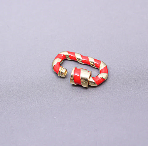 Red/Gold Enamel 13x19mm Small Candy Cane Carabiner lock, Screw Clasp, Screw on Clasp, 1 pc or 10 pcs, WHOLESALE, CLG086