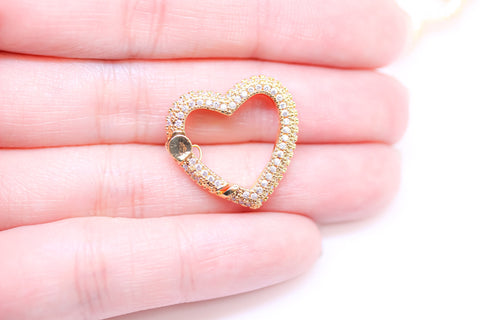 Gold, Silver or Gunmetal Small Full Pave Heart Spring Gate Ring, Double Sided, 20mm, 1 pc or 10 pcs, WHOLESALE