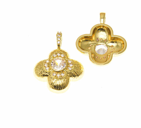 18k Gold Four Leaf Flower Charm CZ,  Super Sparkly Clover Charm, Four Leaf Clover Charm, Textured Gold, CZ Stone Flower Charm, CPG1661