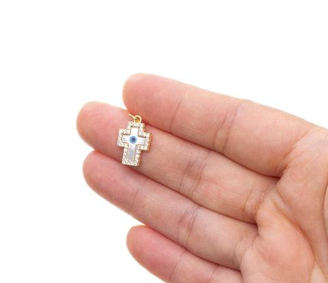 MOP Cross Amulet CZ Charm,MOP Evil Eye Cross Charm,Evil Eye Protection Charm,Cross Charm For Necklace,Turkish Nazar Evil Eye Charm,CPG831