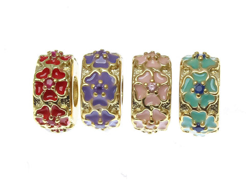 18k Gold Delicate Flower Spacer, Green, Pink, Purple, Red, Bead With CZ, Spacer Bead, Thin Band Spacer For Jewelry, SPG112