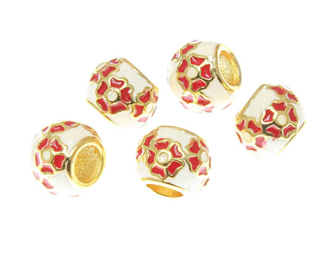 18k Gold Delicate Flower Spacer, White and Red Bead Spacer Bead, Thick Band Spacer For Jewelry, SPG105