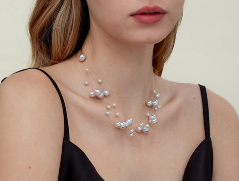 White Shell Pearl Floating Pearl Necklace, Invisible threads Pearl Necklace, Dainty Necklace, Bridal jewelry, Special Occasion, NLG1028