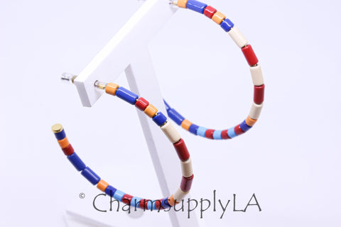 Limited edition Colorful Enamel Tubes Beaded Hoop Earrings, 50-52mm, Fun Summer Piece, Rainbow Hoops, Mixed Colors Hoops, FJ1-095