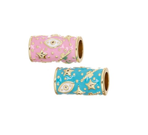 Talisman Round Tube Bead,Gold Talisman Evil Eye And Star Spacer Bead,Large Hole Spacer Bead For Leather Cord,Paracord Or Chain,SPG149R