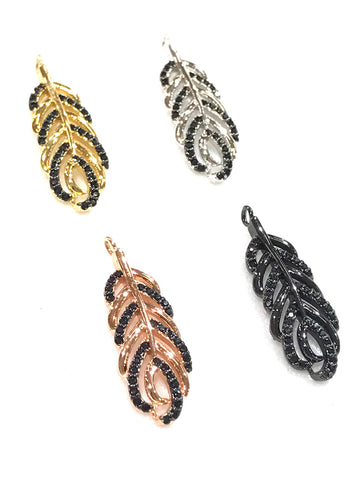 Boho feather black cz charm/ pendant