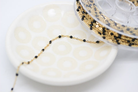 -2mm Dainty Gold/ Black Enamel Chain, By The Footage, WHOLESALE