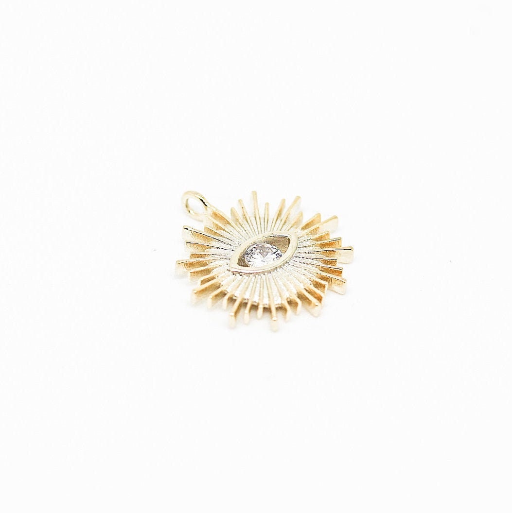 Gold Amulet Evil Eye Charm, Starburst evil eye charm, set with white cz, WHOLESALE,CP169