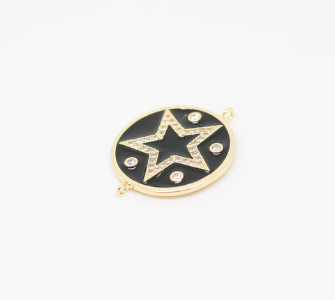 Gold Enamel cz set open star Charm, Black pendant or connector, WHOLESALE,CPG241