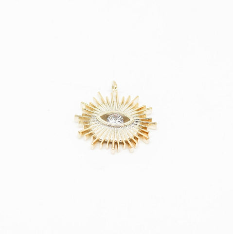 Gold Amulet Evil Eye Charm, Starburst evil eye charm, set with white cz, WHOLESALE,CP169