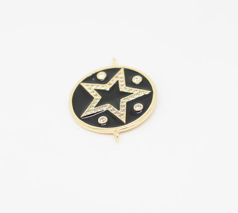 Gold Enamel cz set open star Charm, Black pendant or connector, WHOLESALE,CPG241