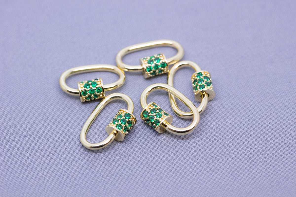 Gold Green Emerald cz screw on clasp, Carabiner lock, 1pcs or 10 pcs, WHOLESALE