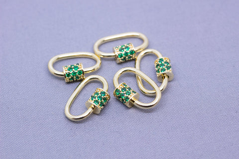 Gold Green Emerald cz screw on clasp, Carabiner lock, 1pcs or 10 pcs, WHOLESALE