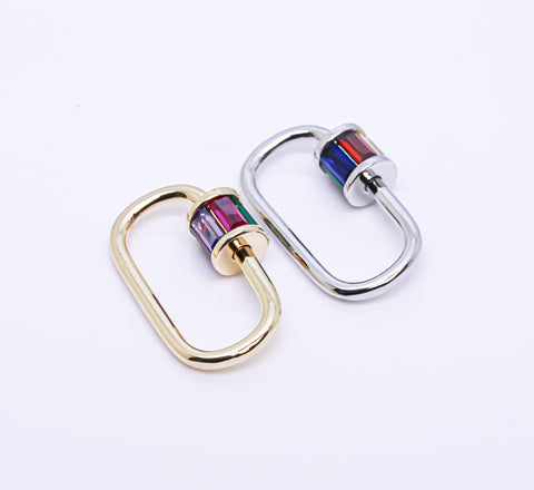 Gold or Silver Large Rainbow Baguette cz set U shape Carabiner Lock, Screw on Clasp, 1 pc or 10 pcs, WHOLESALE,CLG117-CLS117