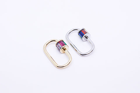 Gold or Silver Large Rainbow Baguette cz set U shape Carabiner Lock, Screw on Clasp, 1 pc or 10 pcs, WHOLESALE,CLG117-CLS117