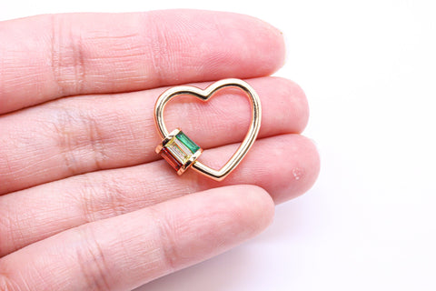 Gold or Silver Rainbow Baguette cz set Heart Carabiner Lock, Screw on Clasp, 1 pc or 10 pcs, WHOLESALE,CLG143-CLS143