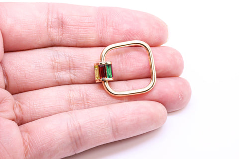 Gold or Silver Rainbow Baguette cz set Square Carabiner Lock, Screw on Clasp, 1 pc or 10 pcs, WHOLESALE