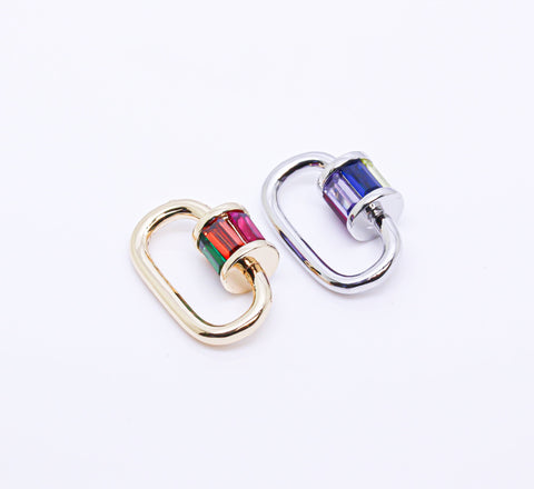 Gold or Silver Rainbow Baguette cz set SMALL SIZE U shape Carabiner Lock, Screw on Clasp, 1 pc or 10 pcs, Wholesale