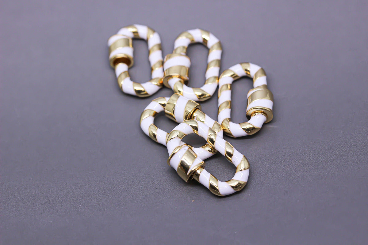 White/Gold Enamel 13x19mm Small Candy Cane Carabiner lock, Screw Clasp, Screw on Clasp, 1 pc or 10 pcs, WHOLESALE, CLG089